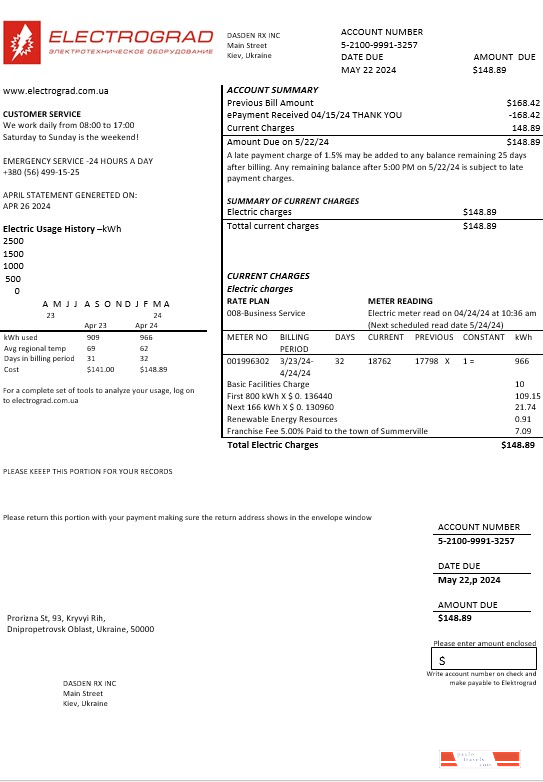 Ukraine Elektrograd electricity business utility bill template in Word and PDF formats